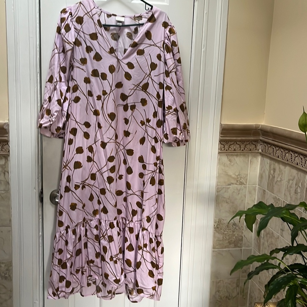 A New Day Lavender dress w/ fun bell sleeves! VNeck with modern art floral print